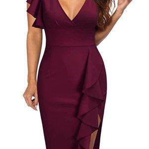 Wine Dress V-Neck with Ruffle Split